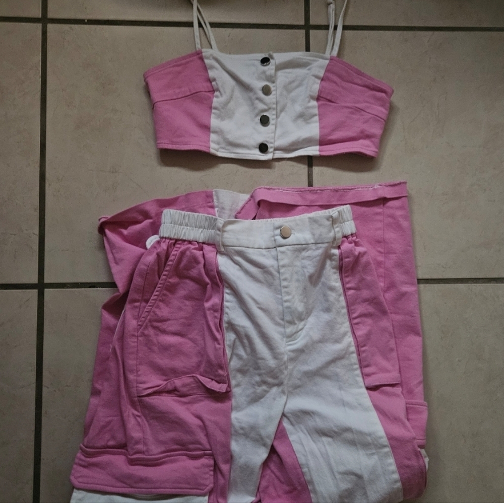 Pink and White Buttoned Crop Top and Shorts Set